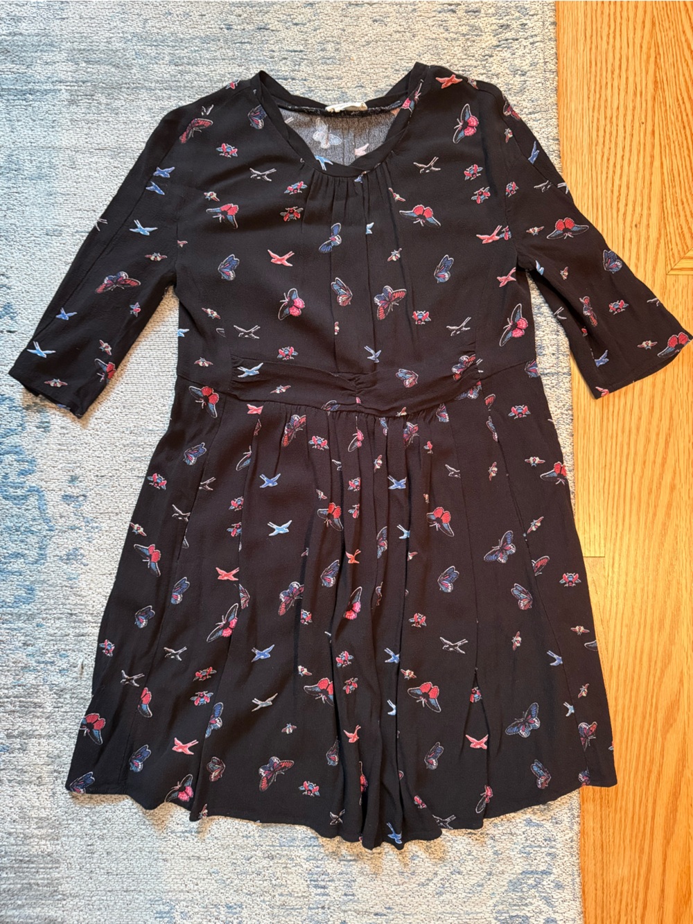 ba&sh Black Mini Babydoll Dress with Red Floral & Blue Butterfly Print Size XS/0